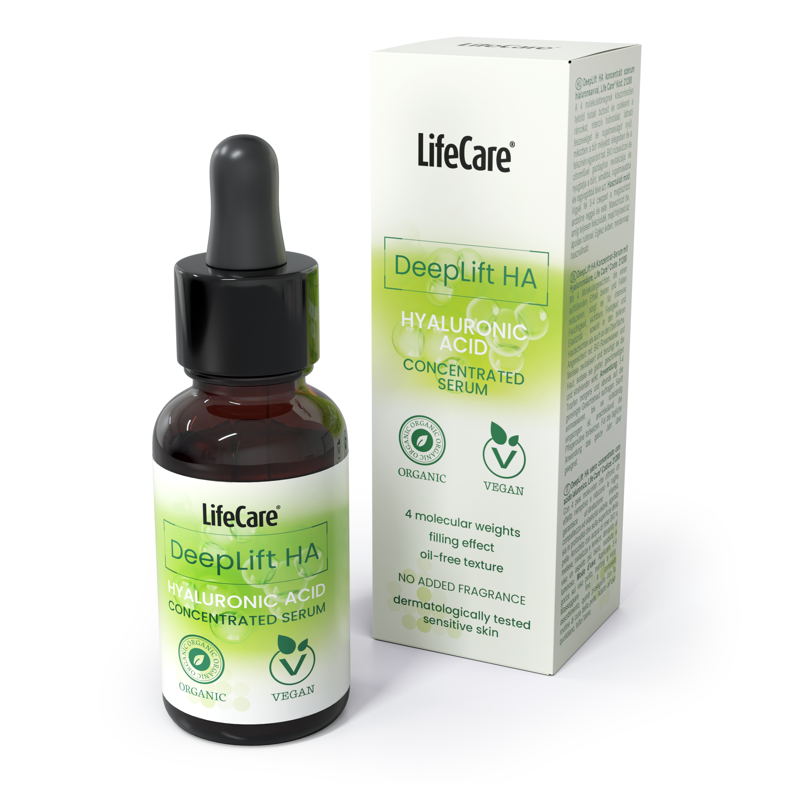 DeepLift HA ser concentrat cu acid hialuronic - o formula avansata, cu 4 greutati moleculare de acid hialuronic, conceputa pentru a actiona atat in profunzime, cat si la suprafata pielii. Asigura o hidratare intensa, un efect de umplere a ridurilor si o elasticitate vizibil imbunatatita.