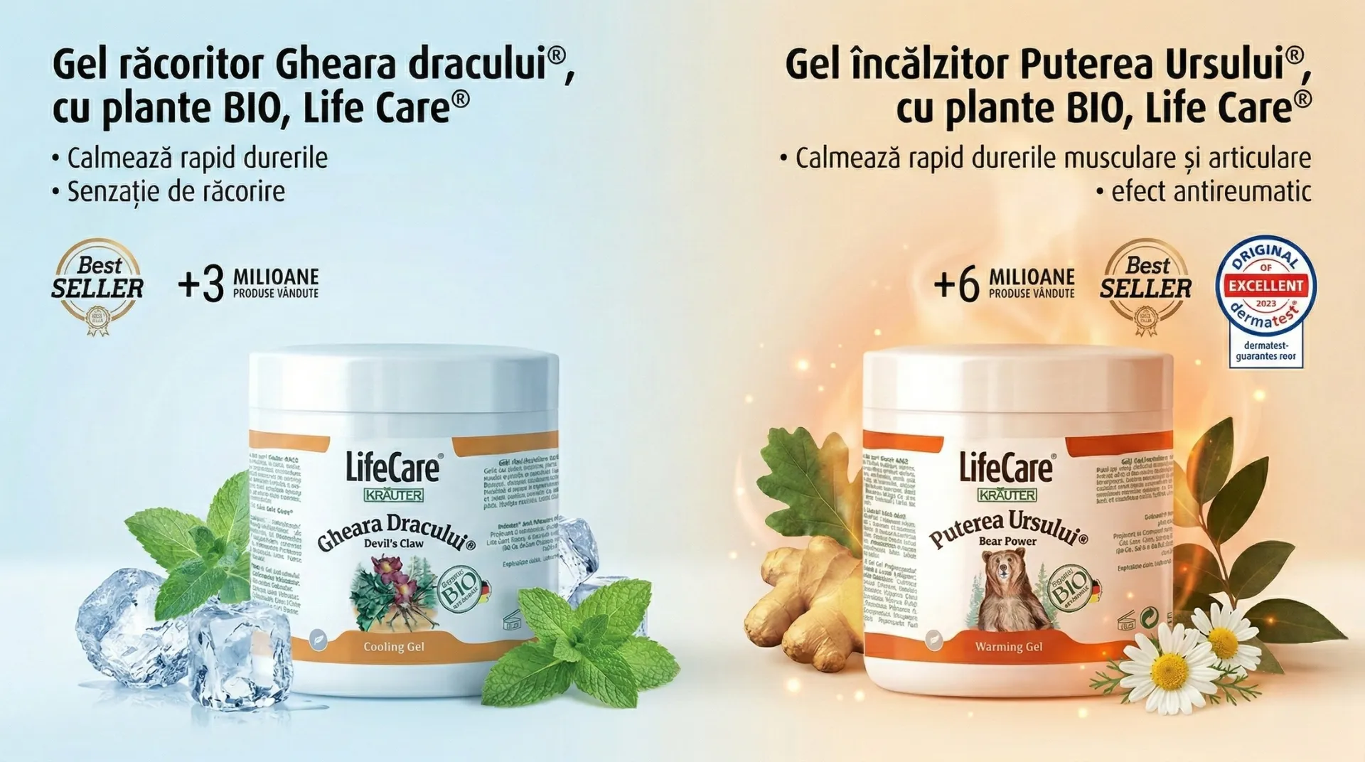 Comparație gel răcoritor Gheara Dracului vs gel încălzitor Puterea Ursului Life Care